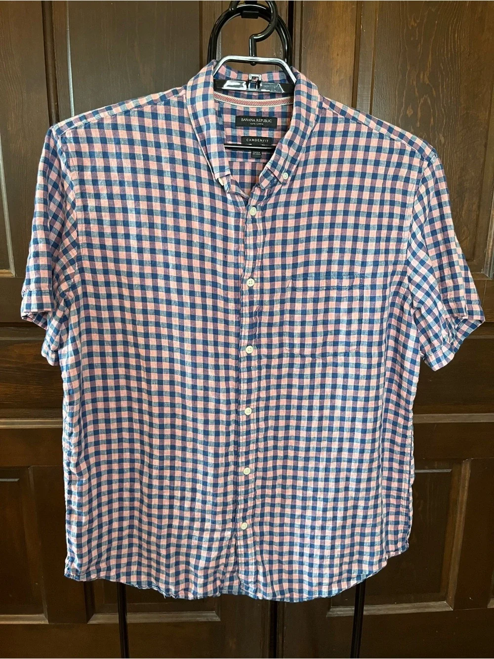 Banana Republic Camden Fit Short Sleeve Shirt 100% Linen Pink/Blue Check Size XL
